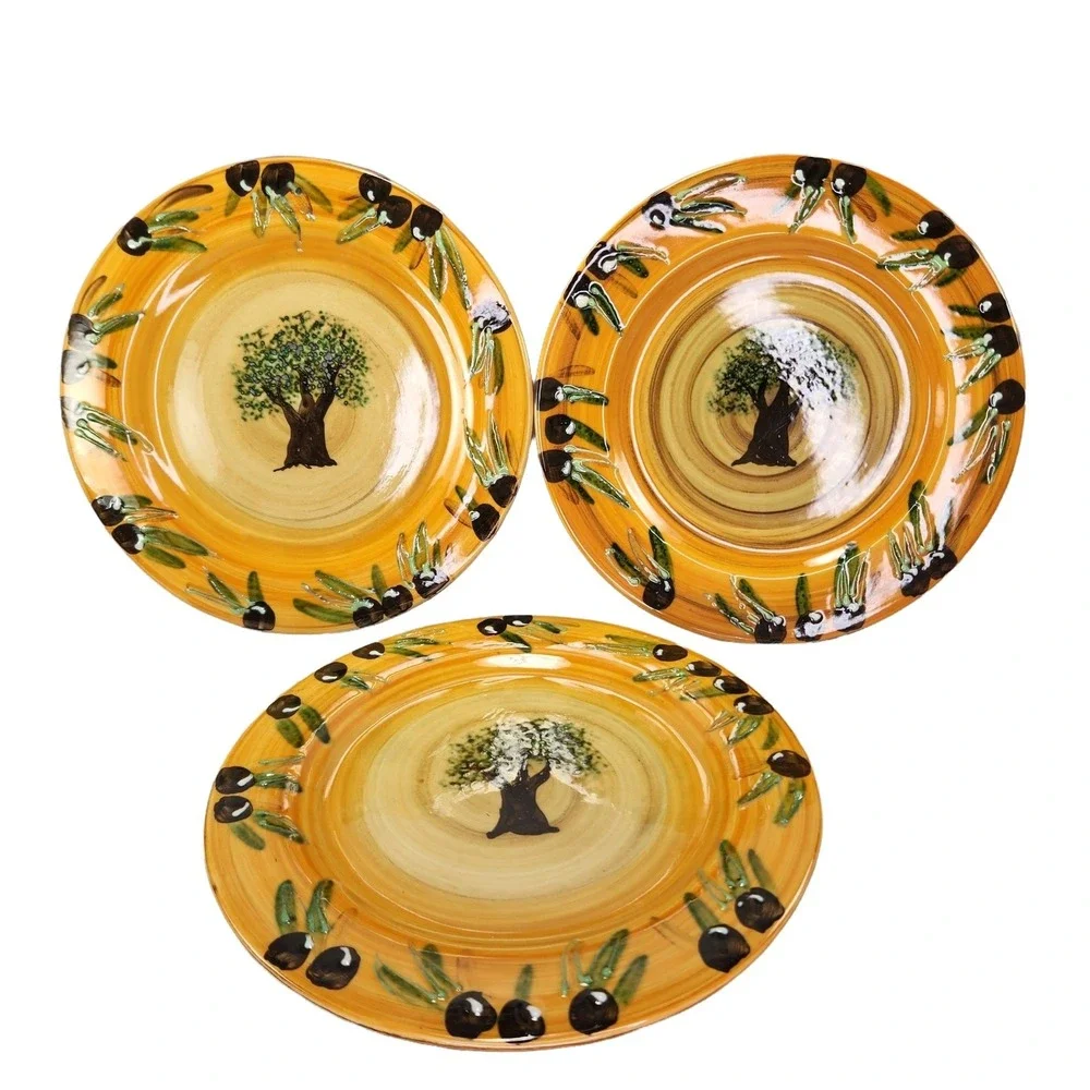 Atelier Du Sage Snack Plates Olive Tree Pattern Signed France Set Lot of 3 READ